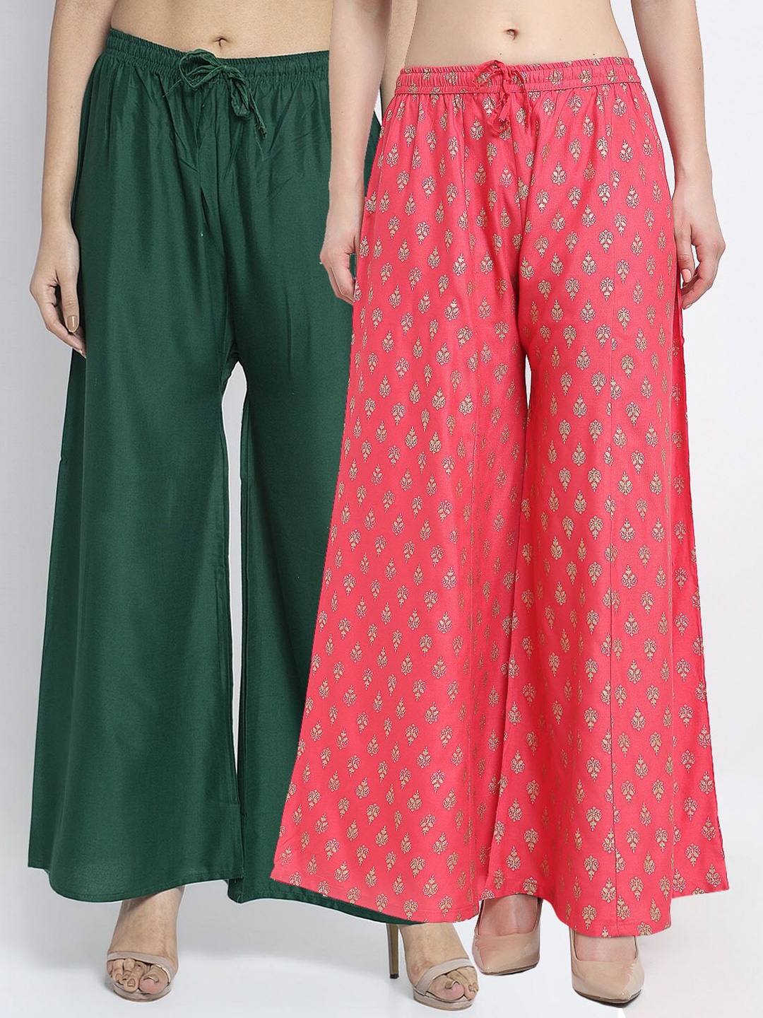

Jinfo Women Green & Pink 2 Flared Knitted Ethnic Palazzos