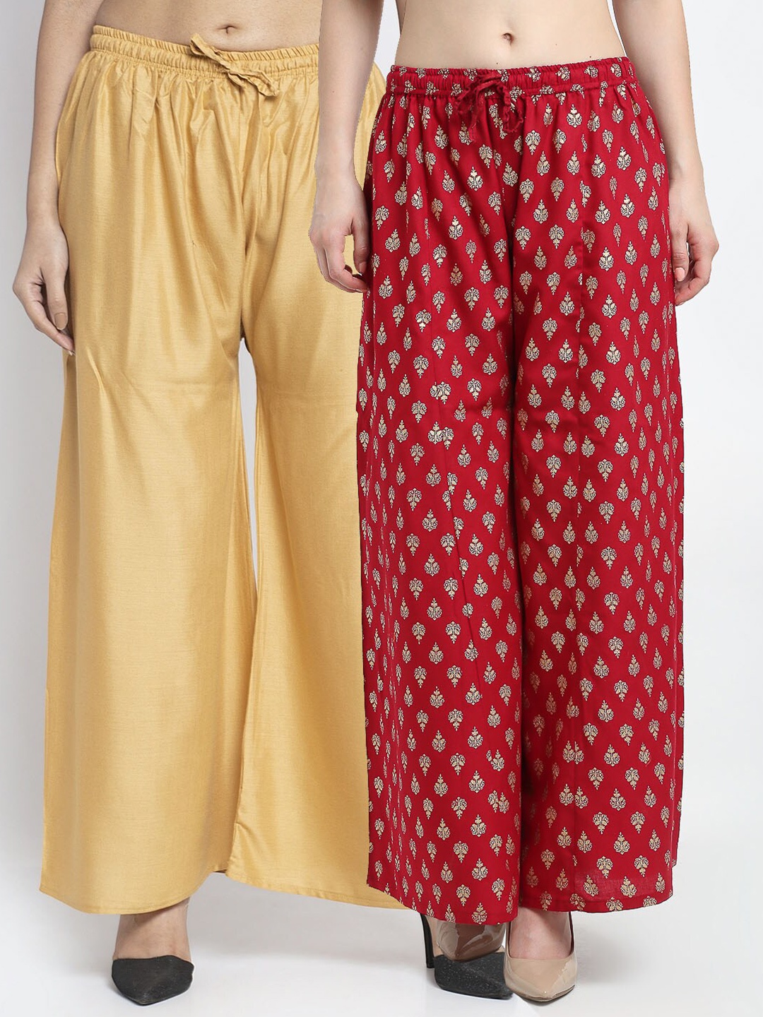 

Jinfo Women Beige & Maroon 2 Flared Knitted Ethnic Palazzos
