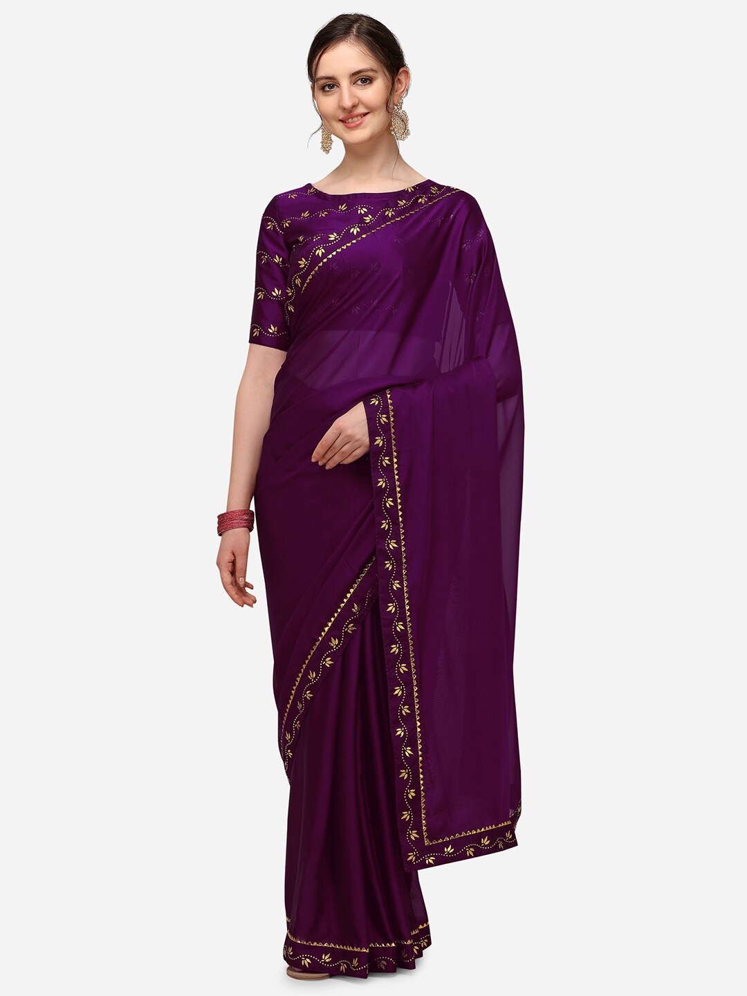 

Iris Purple & Gold-Toned Embellished Silk Blend Saree