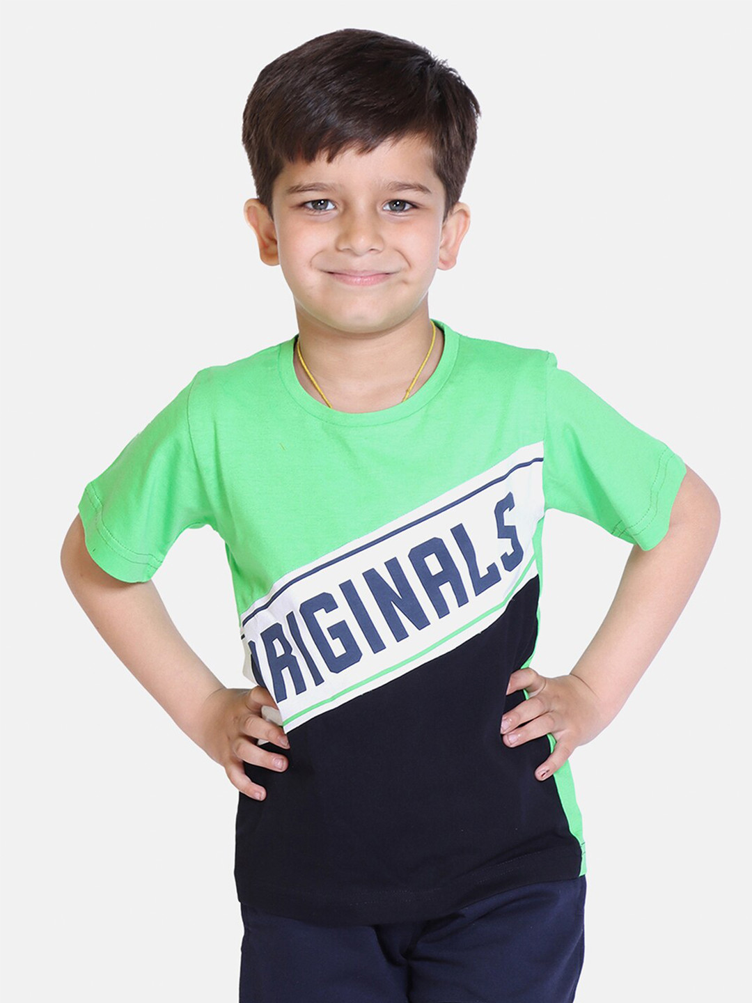 

KEPA Boys Green & Navy Blue Typography Printed Cotton T-shirt
