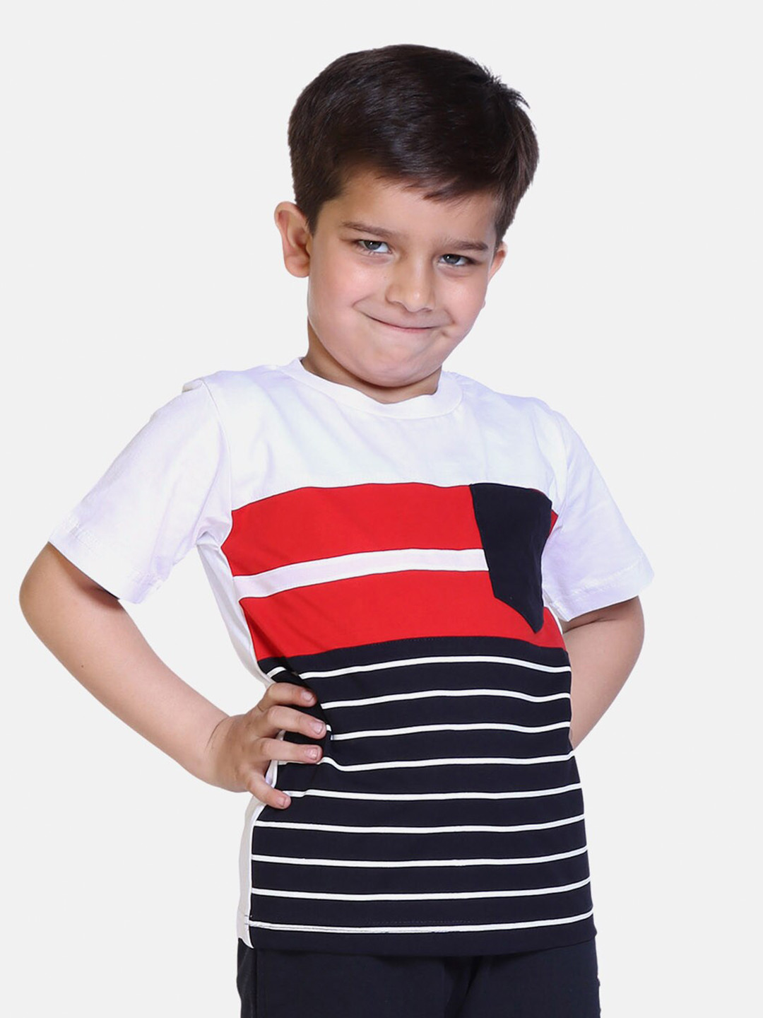 

KEPA Boys White & Navy Blue Striped Cotton T-shirt