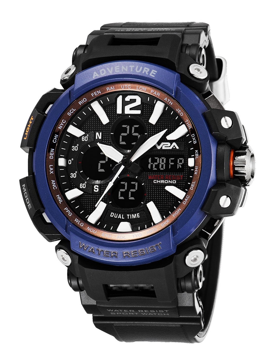 

V2A Men Blue Patterned Dial & Black Bracelet Style Straps Analogue and Digital Multi Function Watch