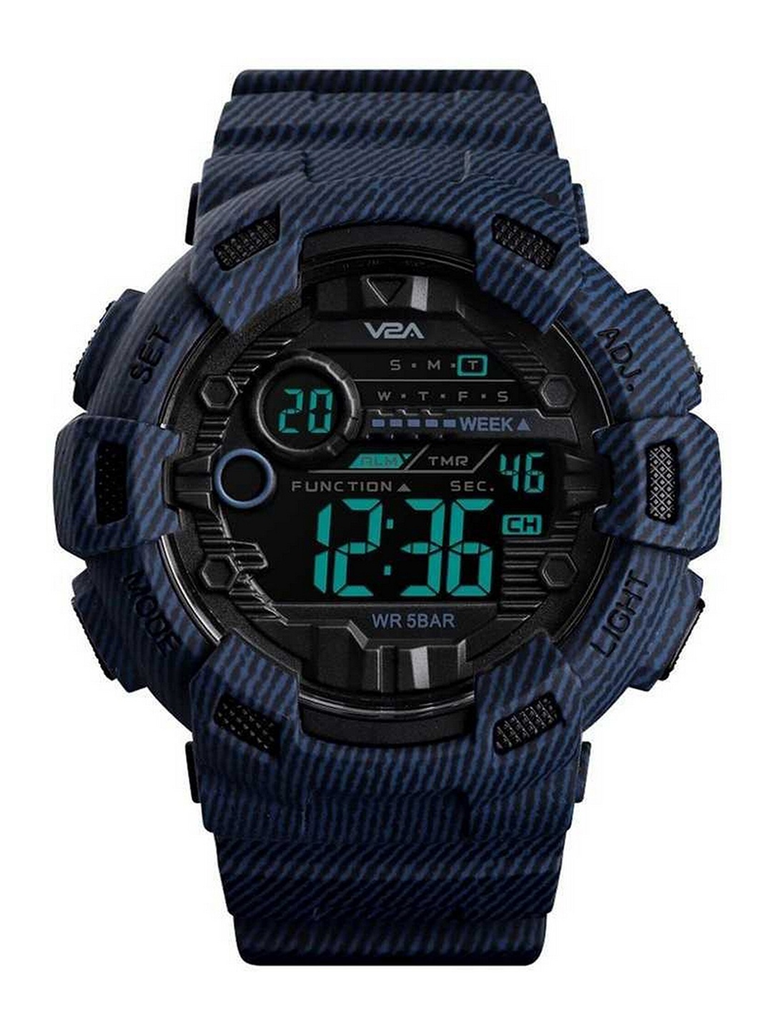 

V2A Men Black Dial & Blue Textured Straps Digital Multi Function Watch V2A-1472-Denim-blue