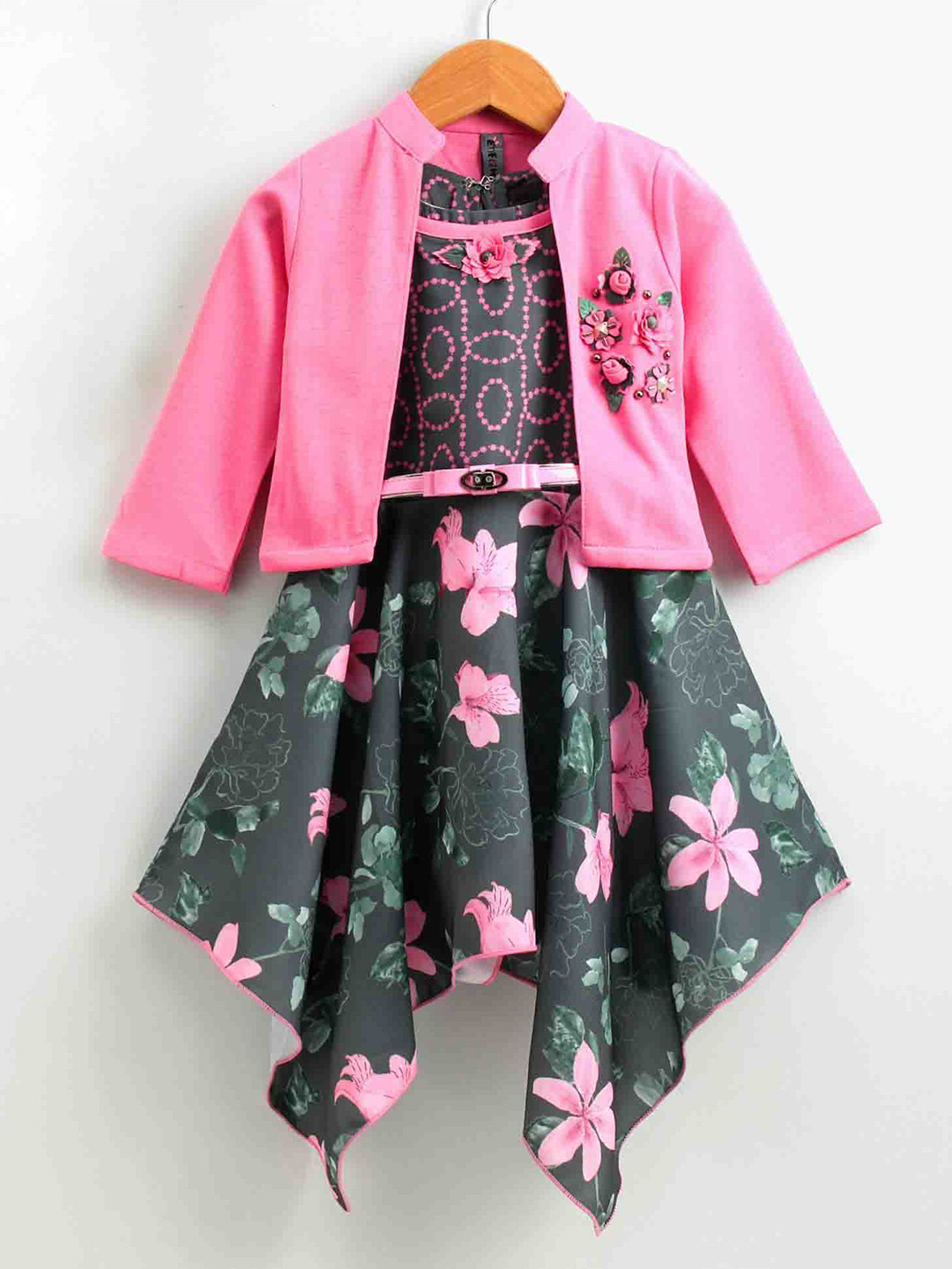 

Enfance Girls Pink & Green Floral Printed Dress