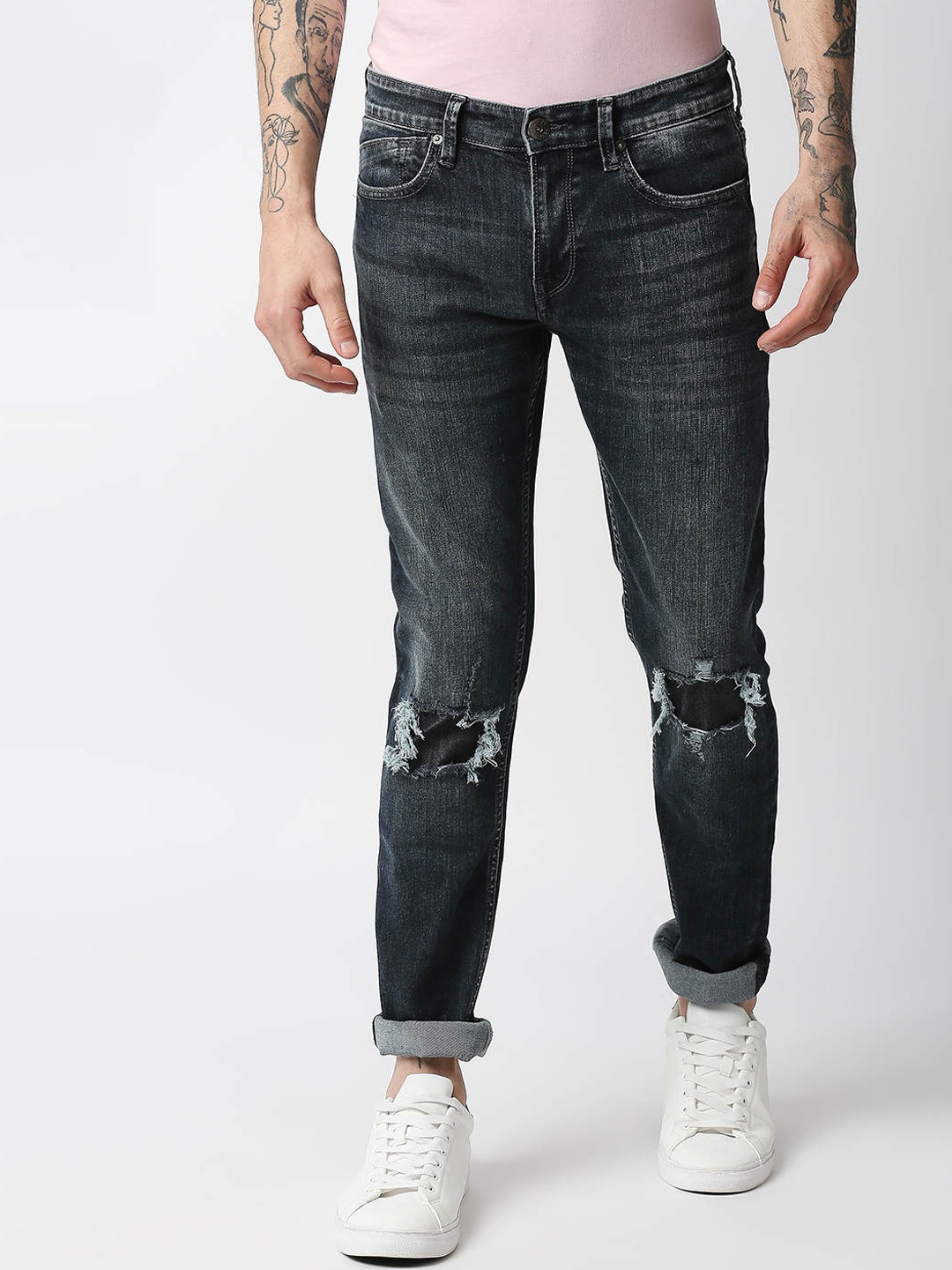 

Pepe Jeans Men Skinny Fit Low-Rise Mildly Distressed Heavy Fade Jeans, Blue