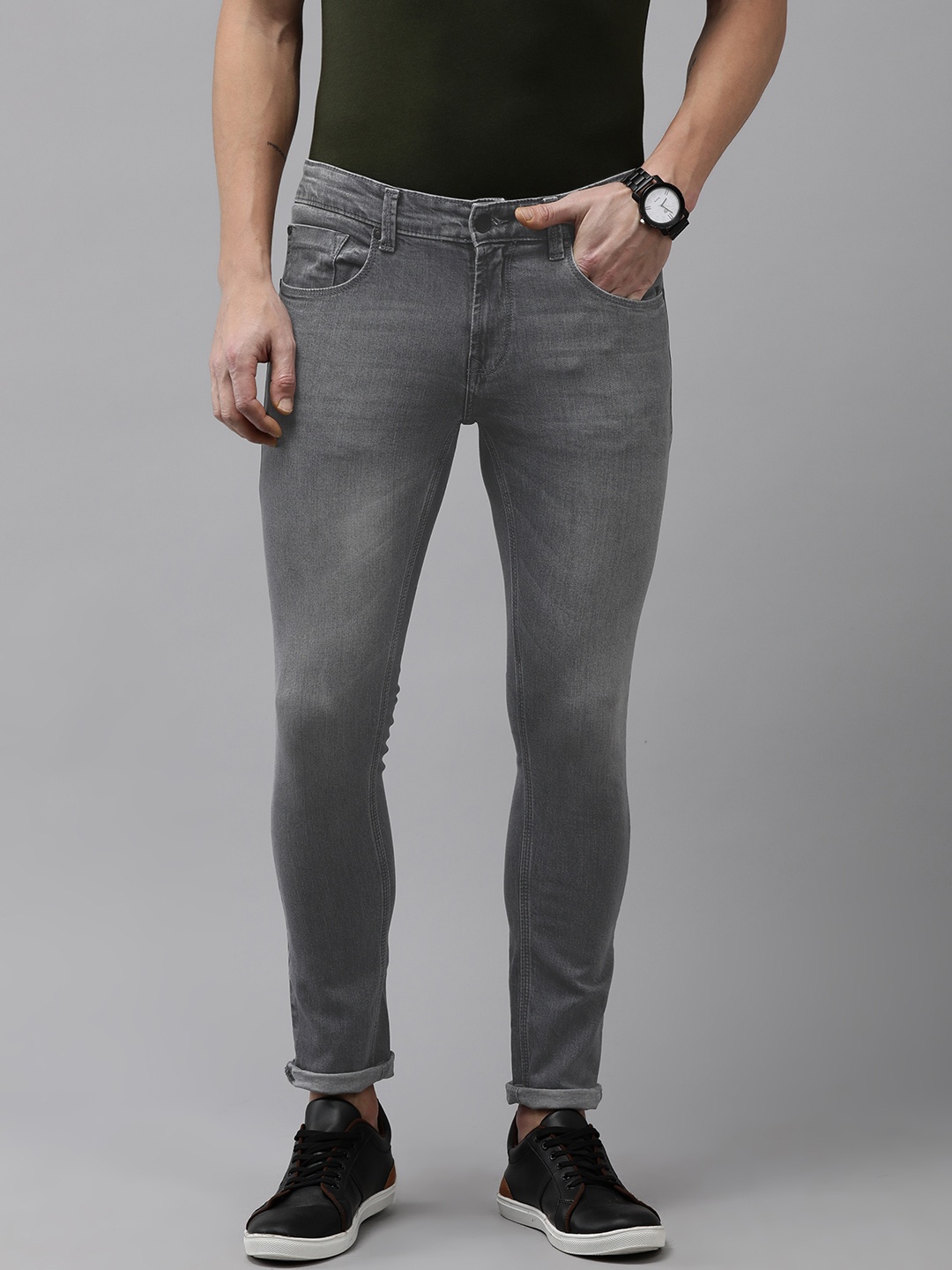

SPYKAR Men Super Slim Fit Low-Rise Light Fade Stretchable Jeans, Grey