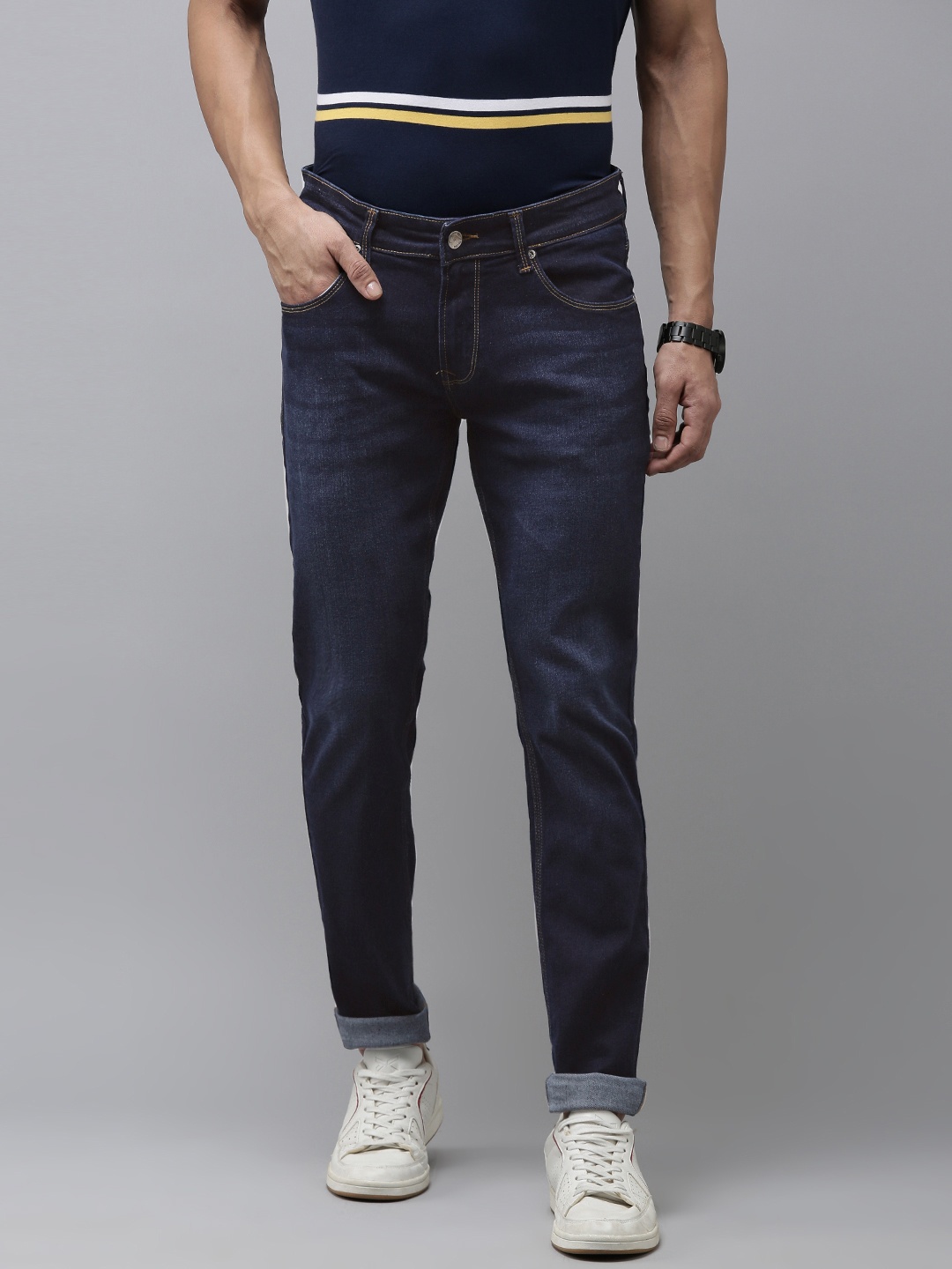 

SPYKAR Men Skinny Fit Low-Rise Light Fade Stretchable Jeans, Navy blue