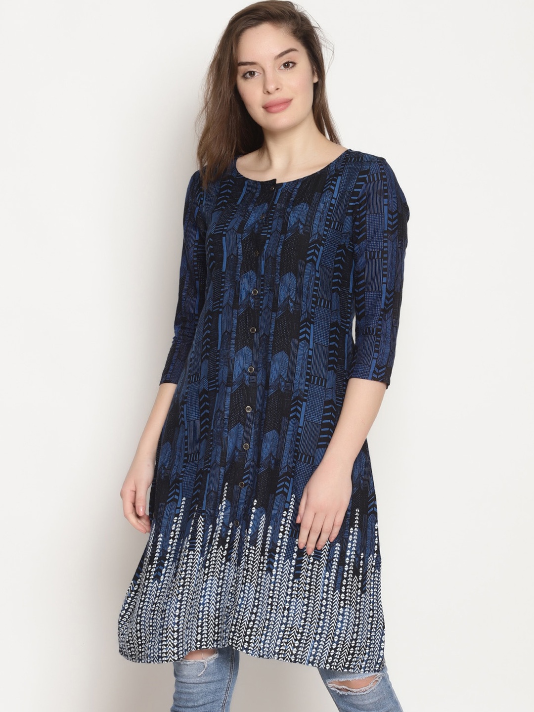 

UNTUNG Women Blue Printed Keyhole Neck Cold-Shoulder Sleeves Kurta