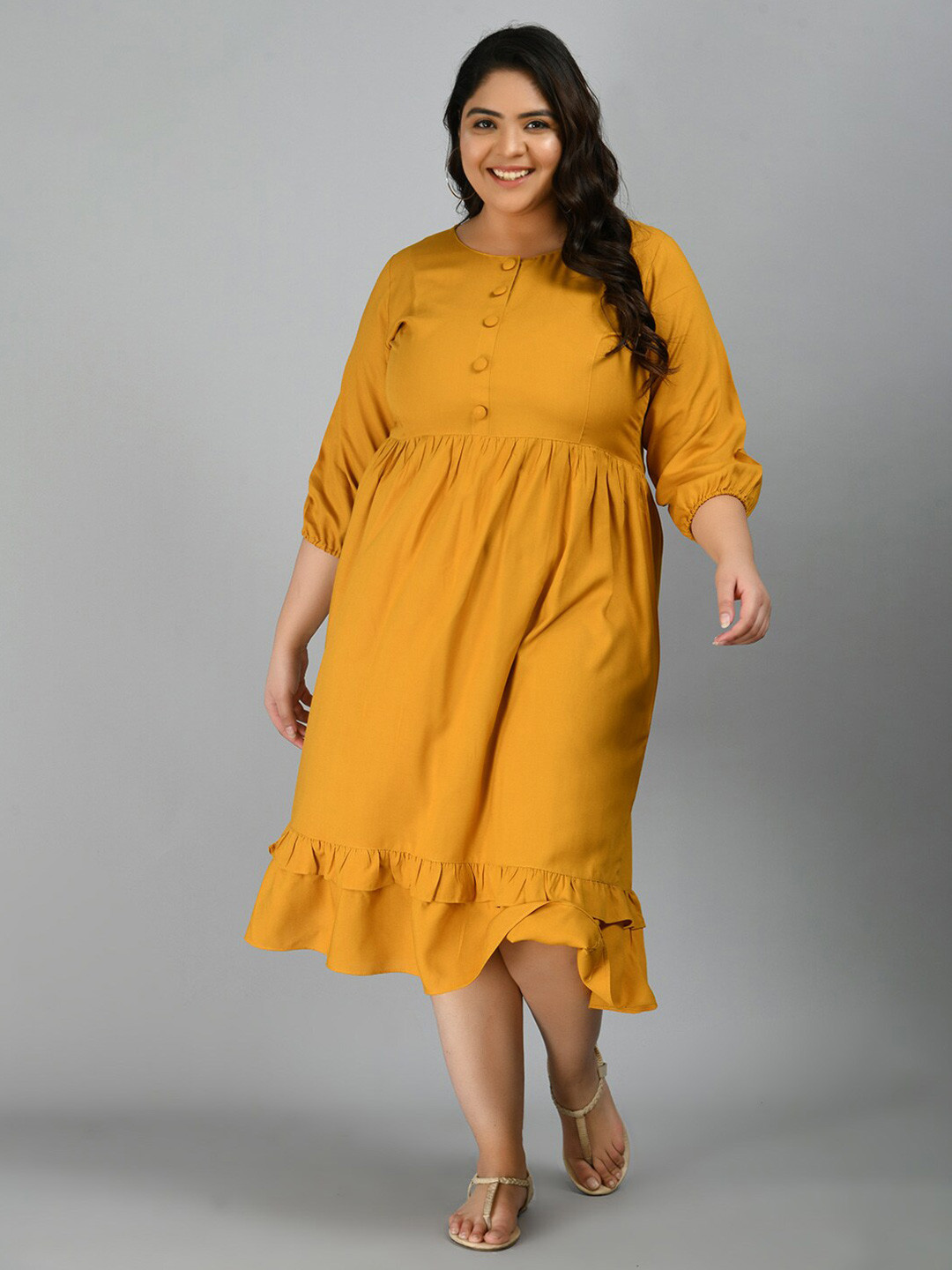 

PrettyPlus by Desinoor.com Women Plus Size Mustard Yellow A-Line Midi Dress
