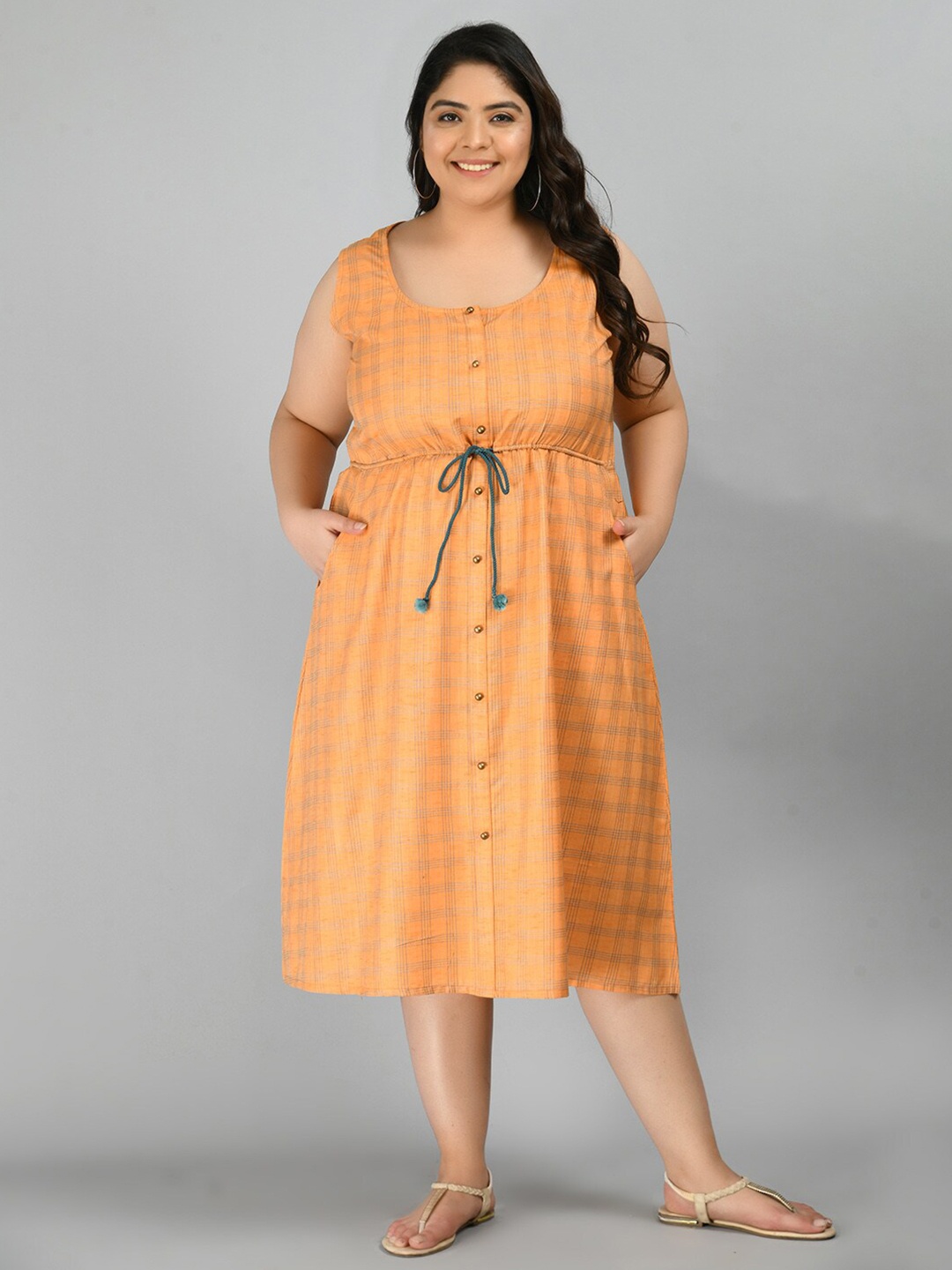 

PrettyPlus by Desinoor.com Plus Size Orange & Grey Checked A-Line Midi Dress