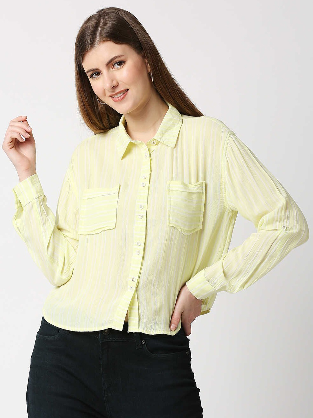 

Pepe Jeans Women Green Striped Casual Shirt