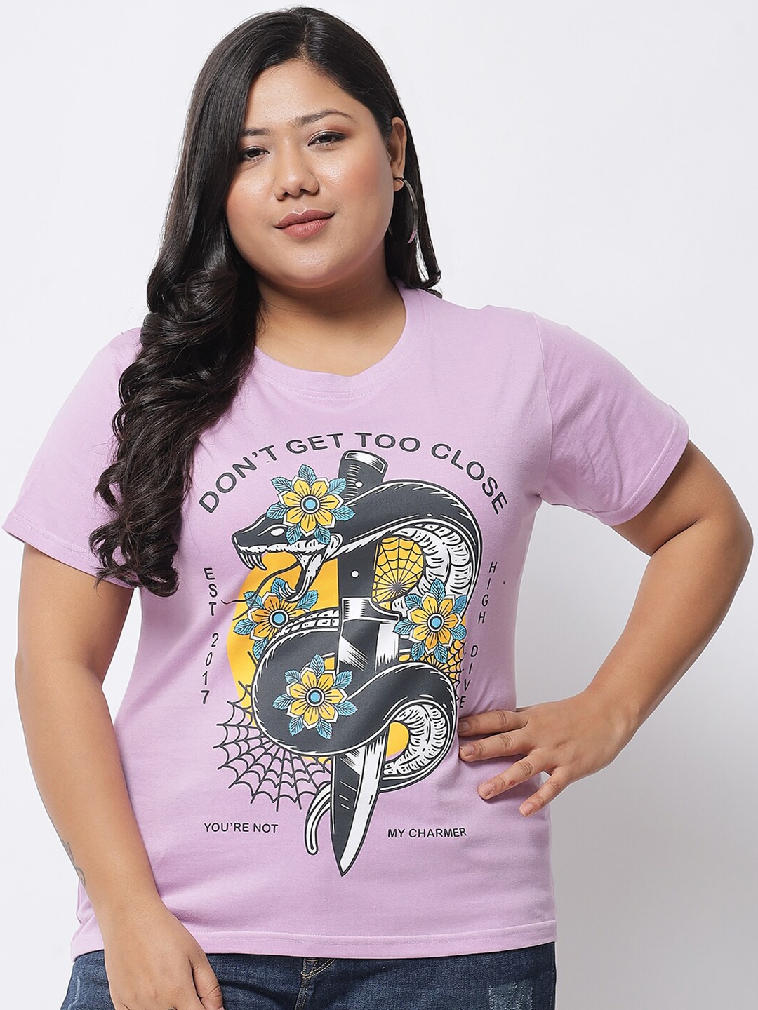 

BEYOUND SIZE - THE DRY STATE Plus Size Women Lavender & Black Printed Cotton T-shirt