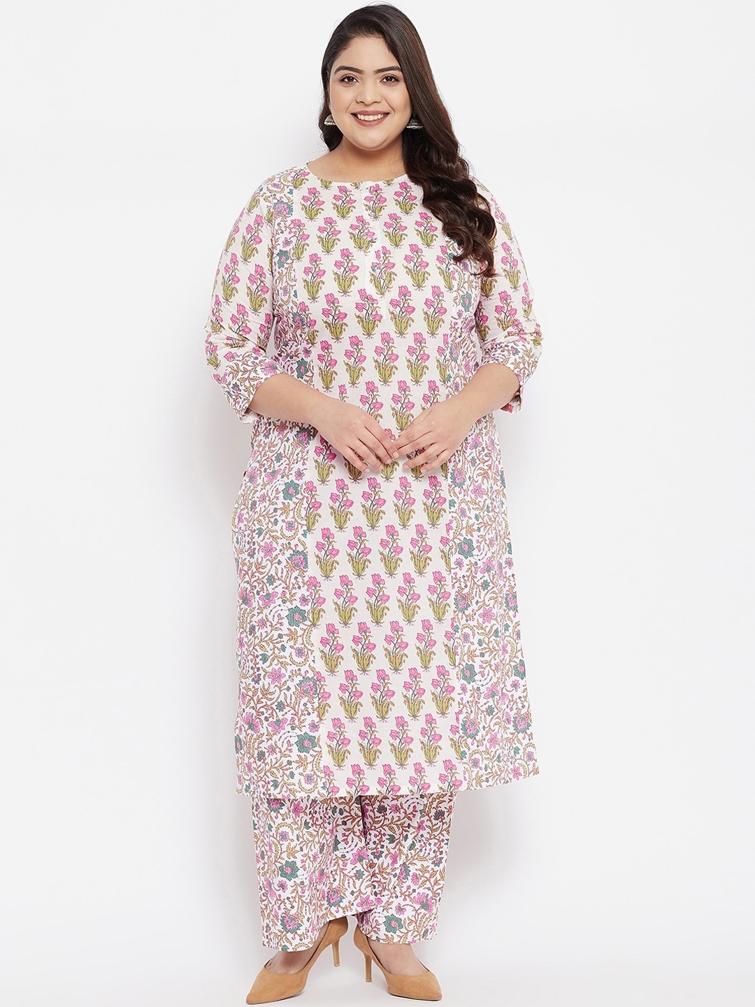 

Tissu Women Cream-Coloured Floral Printed Panelled Pure Cotton Kurti with Salwar & With Dupatta