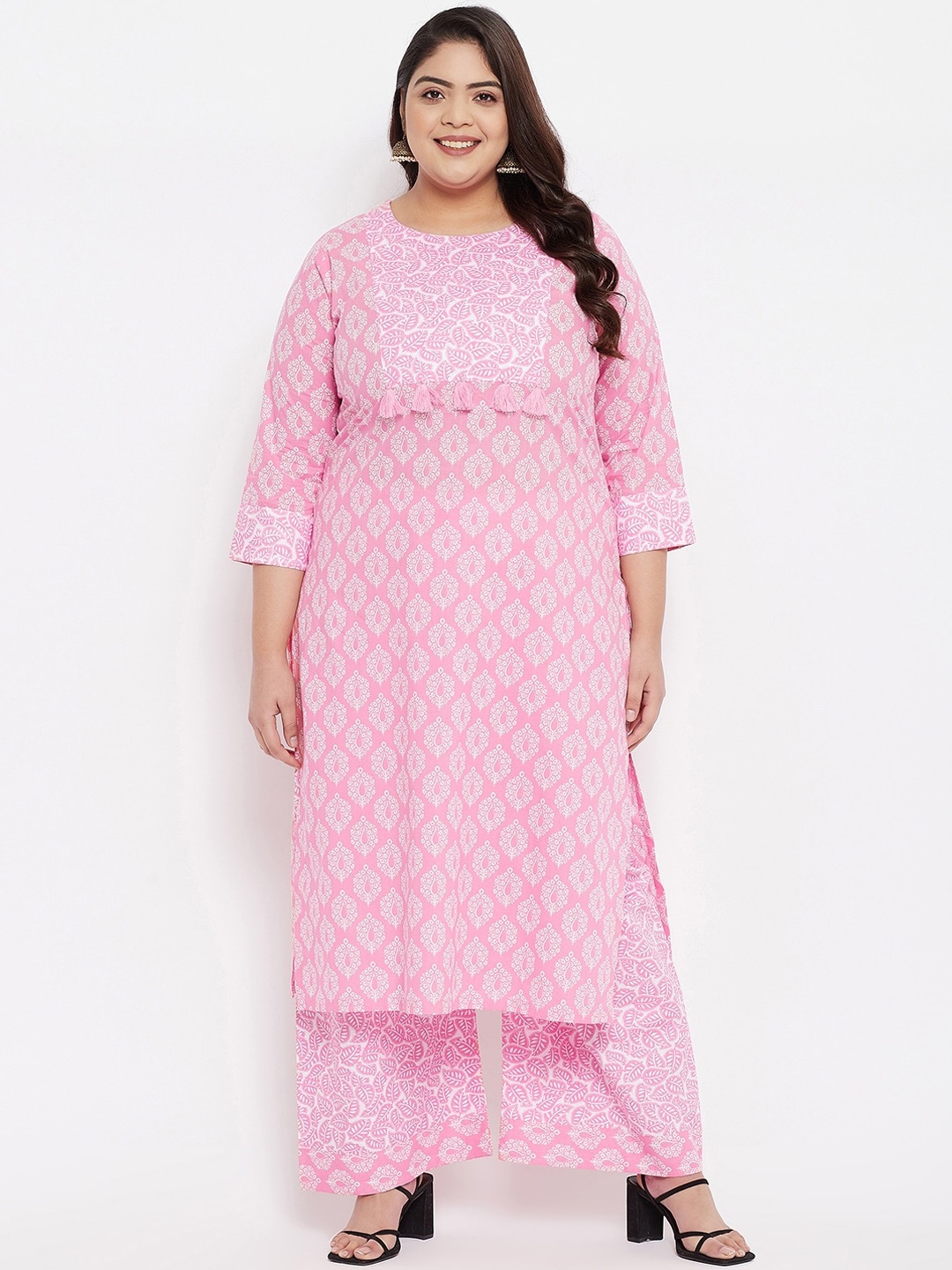 

Tissu Women Pink Ethnic Motifs Printed Thread Work Pure Cotton Kurta with Palazzos