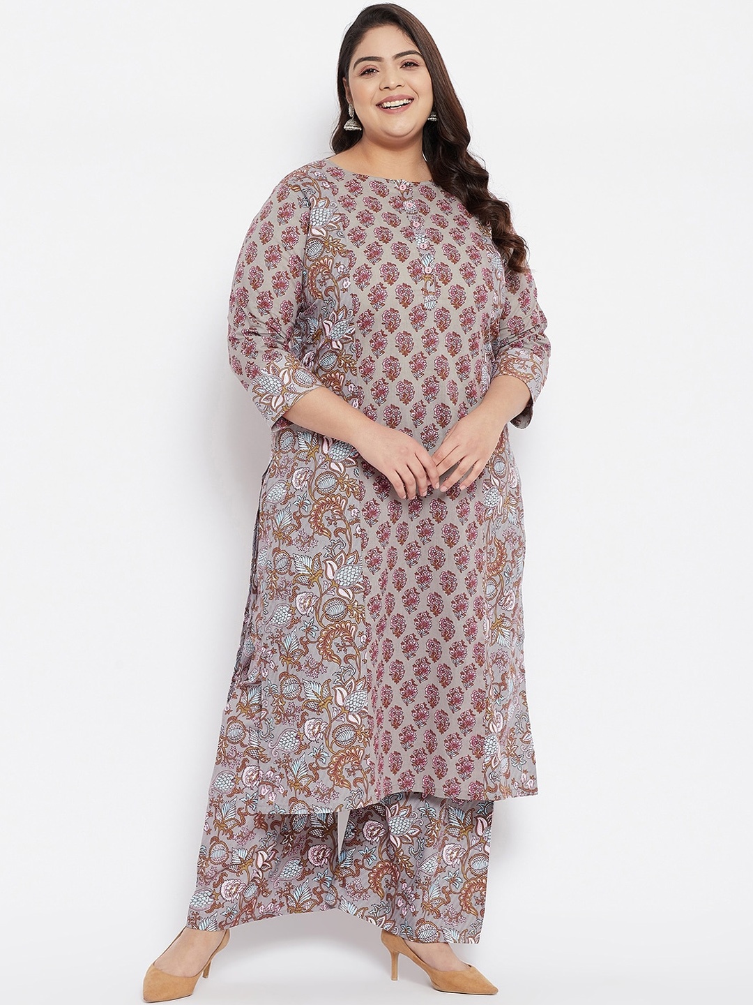 

Tissu Women Grey Floral Printed Pure Cotton Kurti with Palazzos