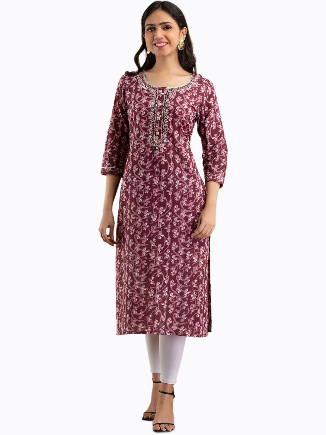 

MYAZA Women Purple Printed Thread Work Kurta