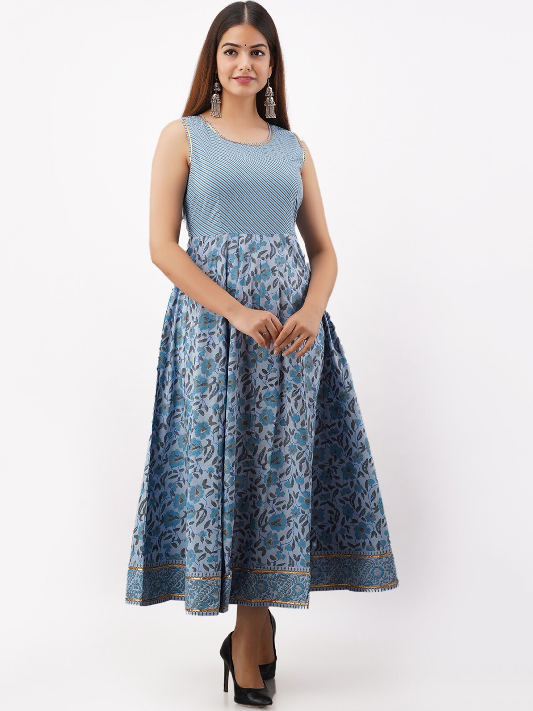 

MYAZA Women Teal Blue Ethnic Motifs Printed Anarkali Kurta With Waistcoat