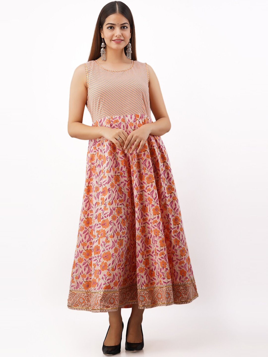 

MYAZA Women Peach-Coloured Floral Printed Anarkali Kurta