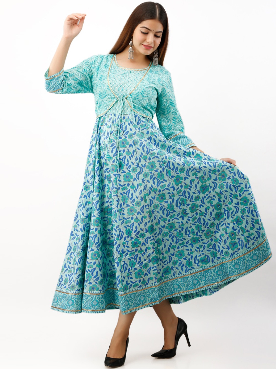 

MYAZA Women Sea Green Floral Printed Anarkali Cotton Kurta