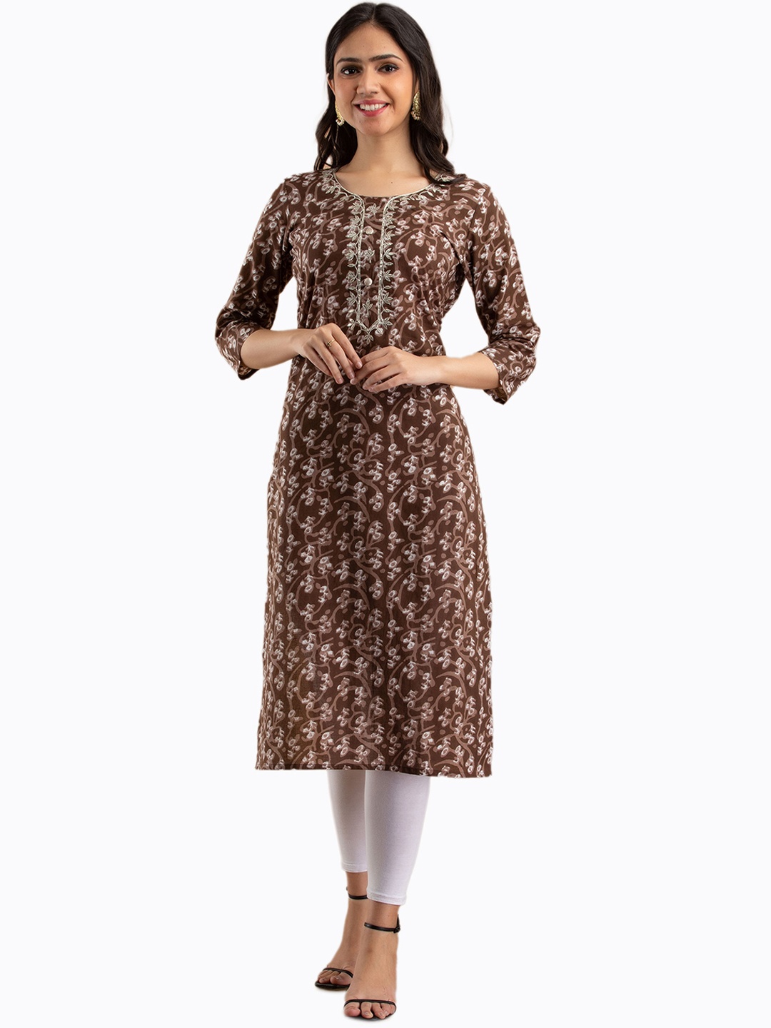 

MYAZA Women Brown Ethnic Motifs Printed Thread Work Kurta