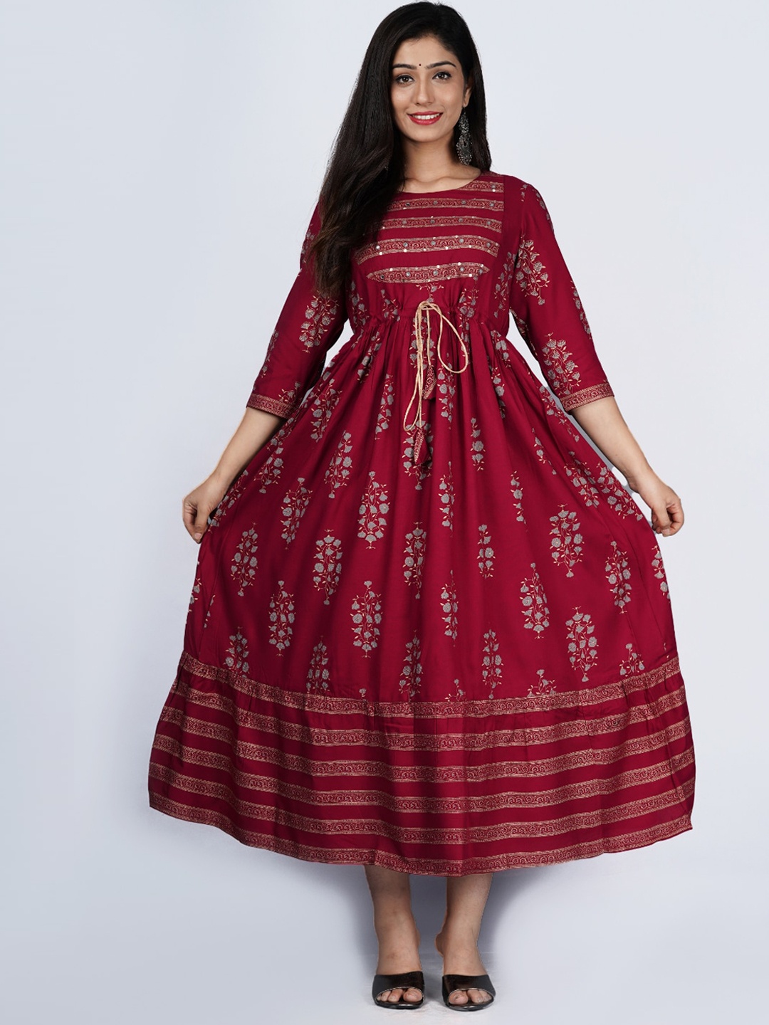 

MYAZA Women Maroon Ethnic Motifs Printed Anarkali Kurta