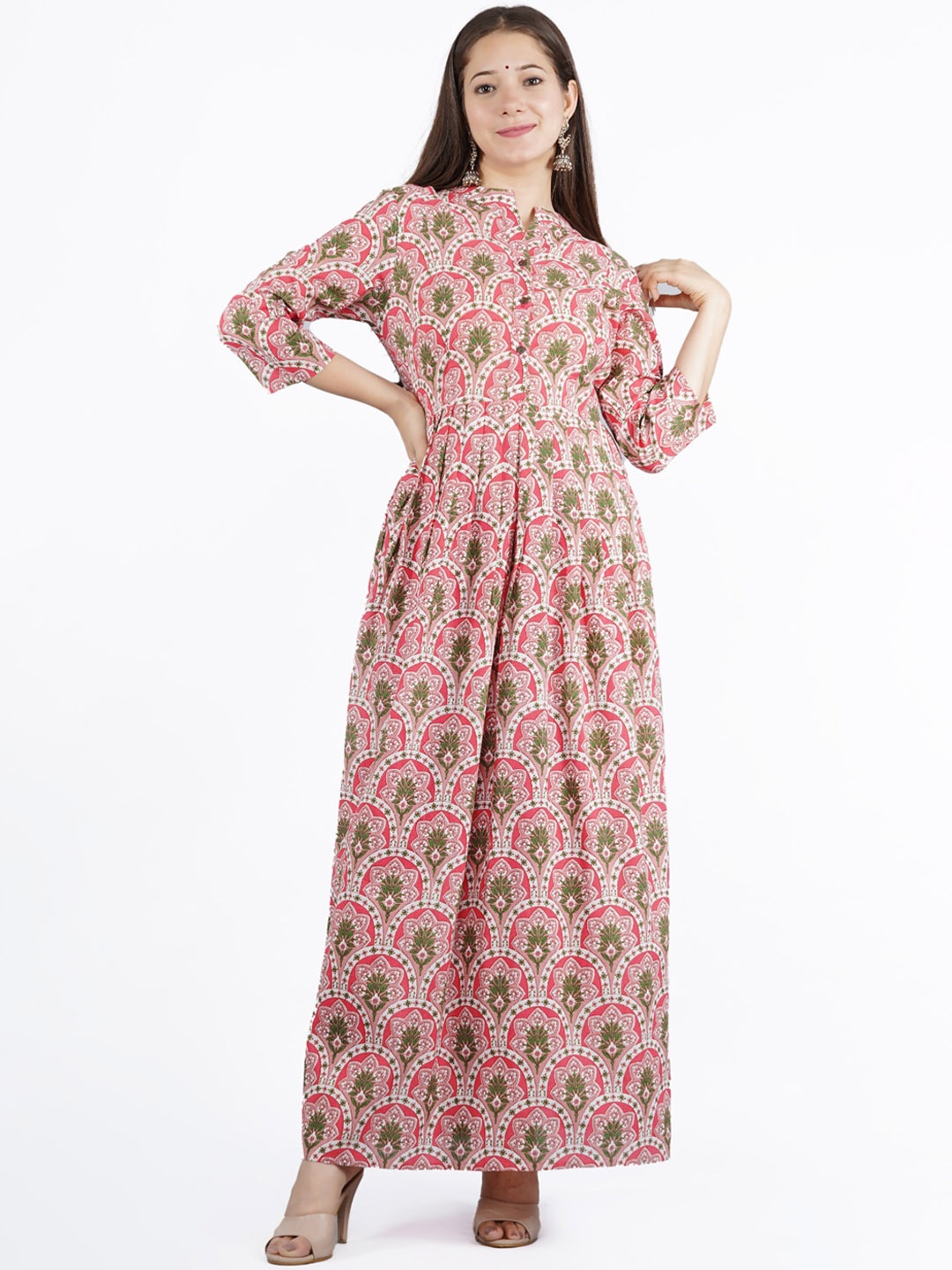 

MYAZA Women Peach & Green Floral Printed Mirror Work Cotton Anarkali Kurta