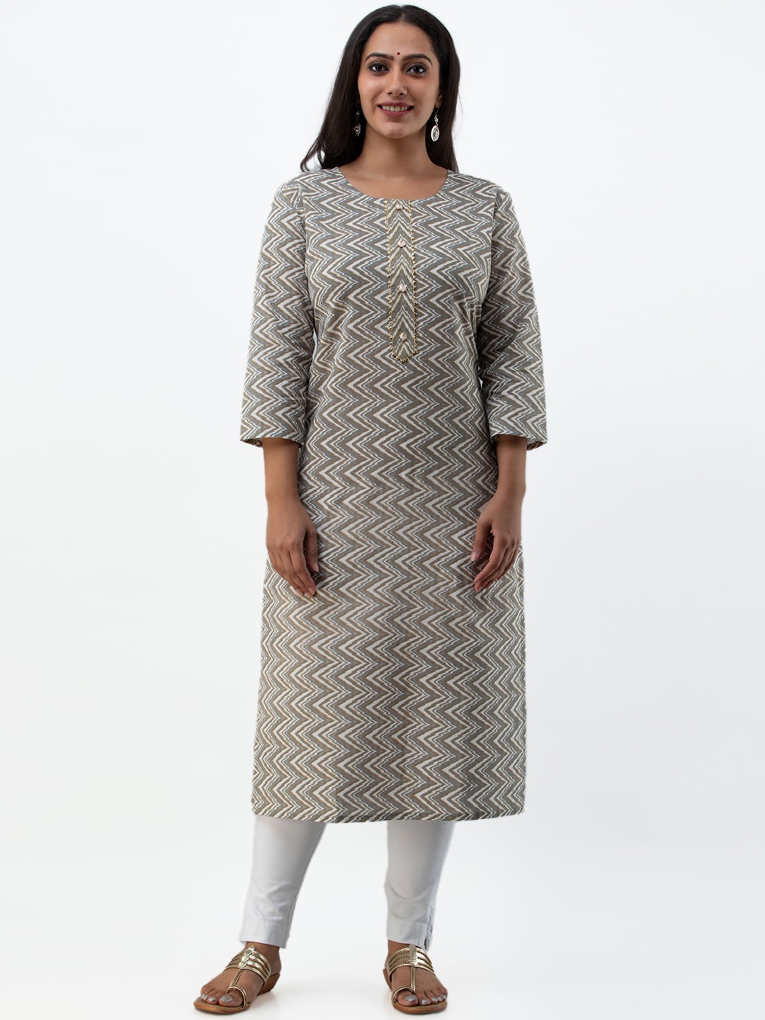 

MYAZA Women Grey Chevron Printed Kurta