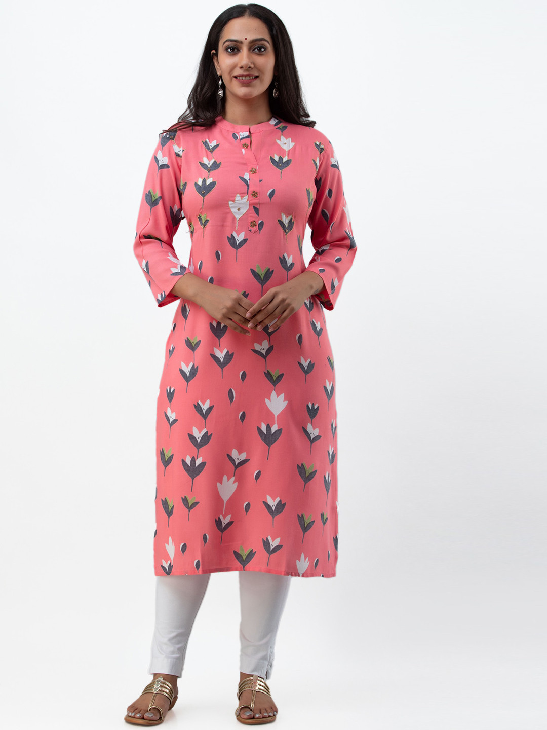 

MYAZA Women Peach-Coloured Floral Printed Kurta