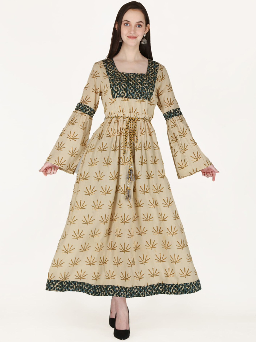 

MYAZA Women Beige & Green Ethnic Motifs Printed Flared Sleeves Anarkali Kurta