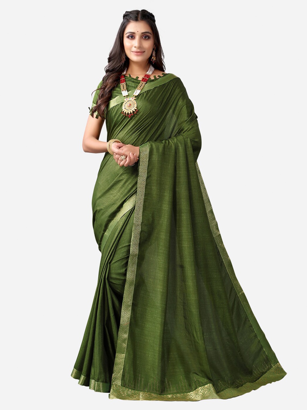 

SIRIL Olive Green & Gold-Toned Solid Saree