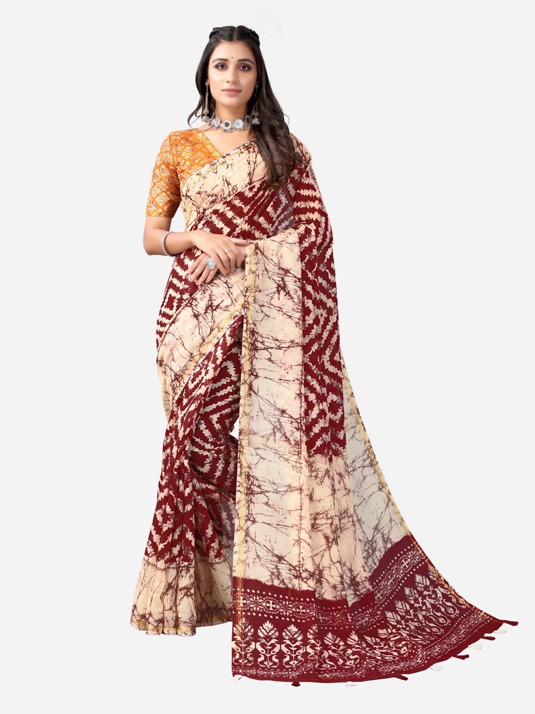 

SIRIL Cream-Coloured & Maroon Printed Saree