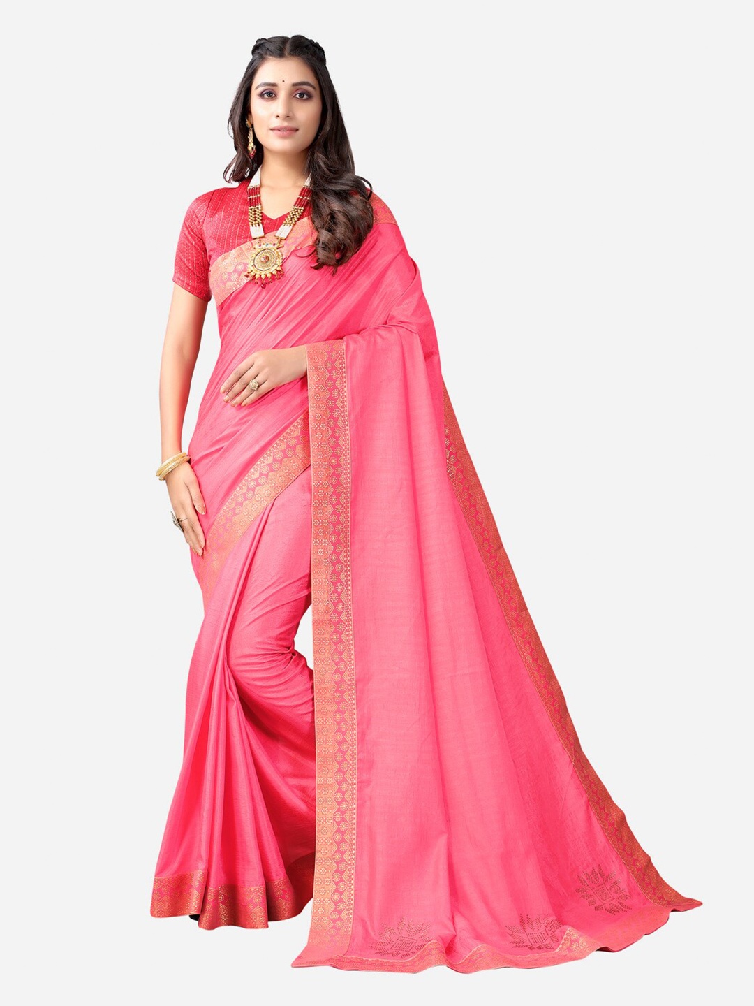 

SIRIL Pink & Gold-Toned Solid Saree