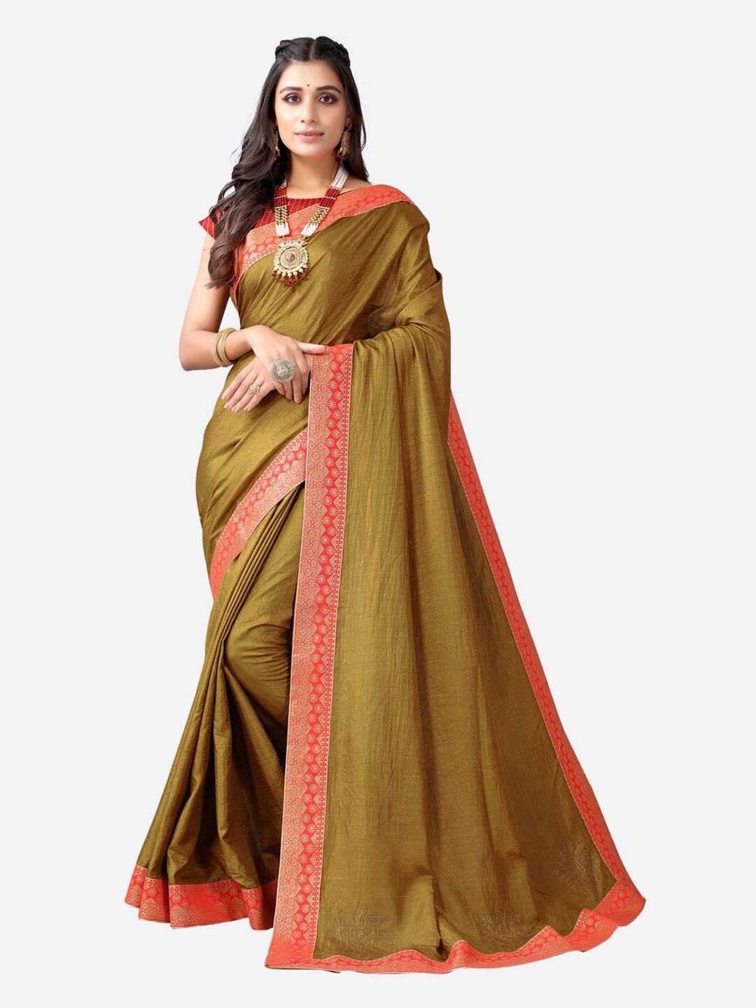 

SIRIL Gold-Toned & Red Poly Silk Dyed Zari Saree