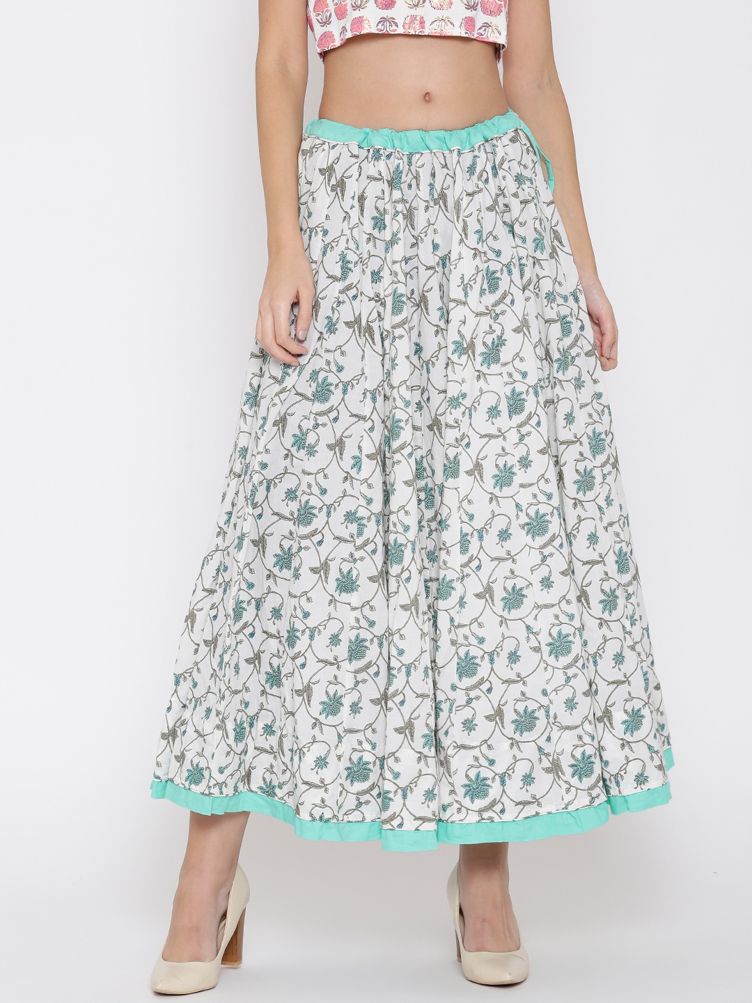 

Biba White & Blue Floral Print Flared Maxi Skirt