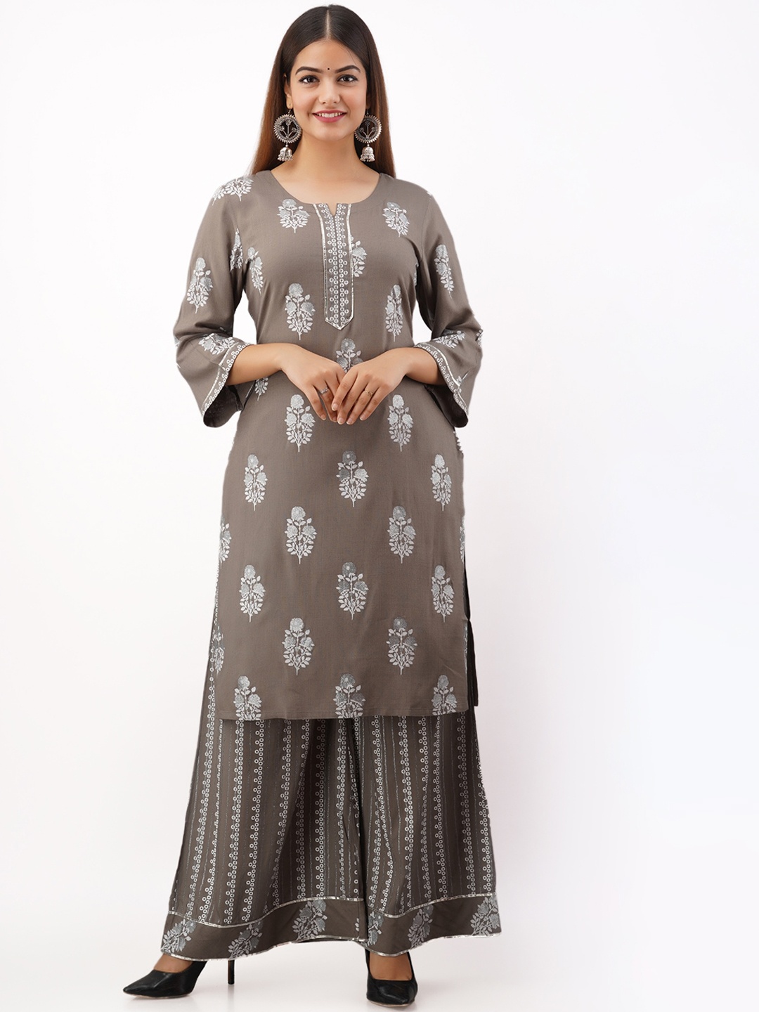 

MYAZA Women Grey Printed Kurti with Sharara