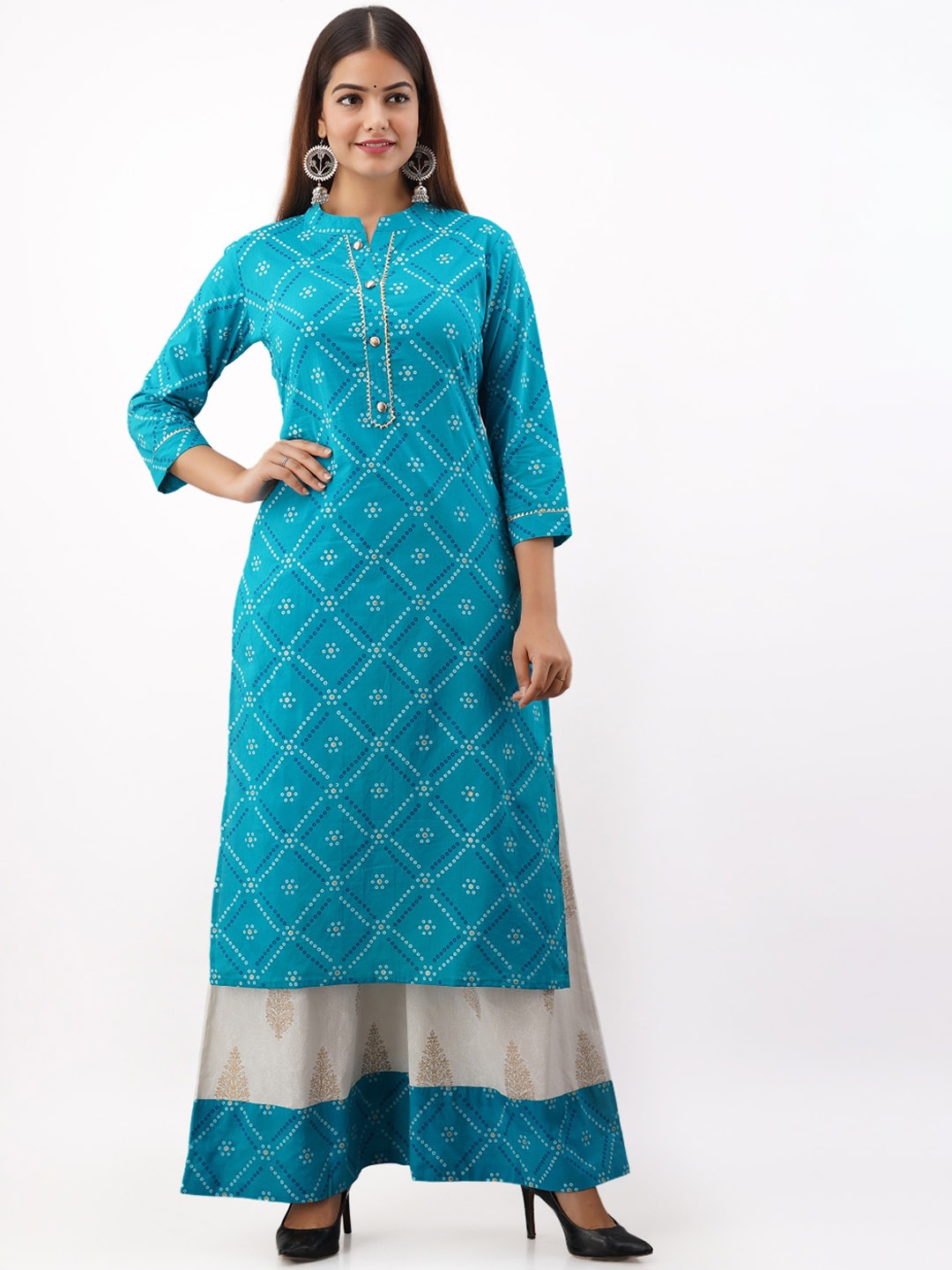 

MYAZA Women Turquoise Blue Printed Empire Pure Cotton Kurti with Sharara