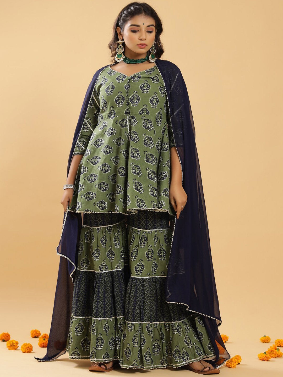 

KALINI Women Blue Ethnic Motifs Pure Cotton Kurta with Sharara & With Dupatta