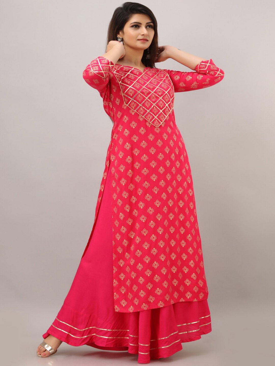 

KALINI Women Pink Ethnic Motifs Foil Printed Kurta with Skirt