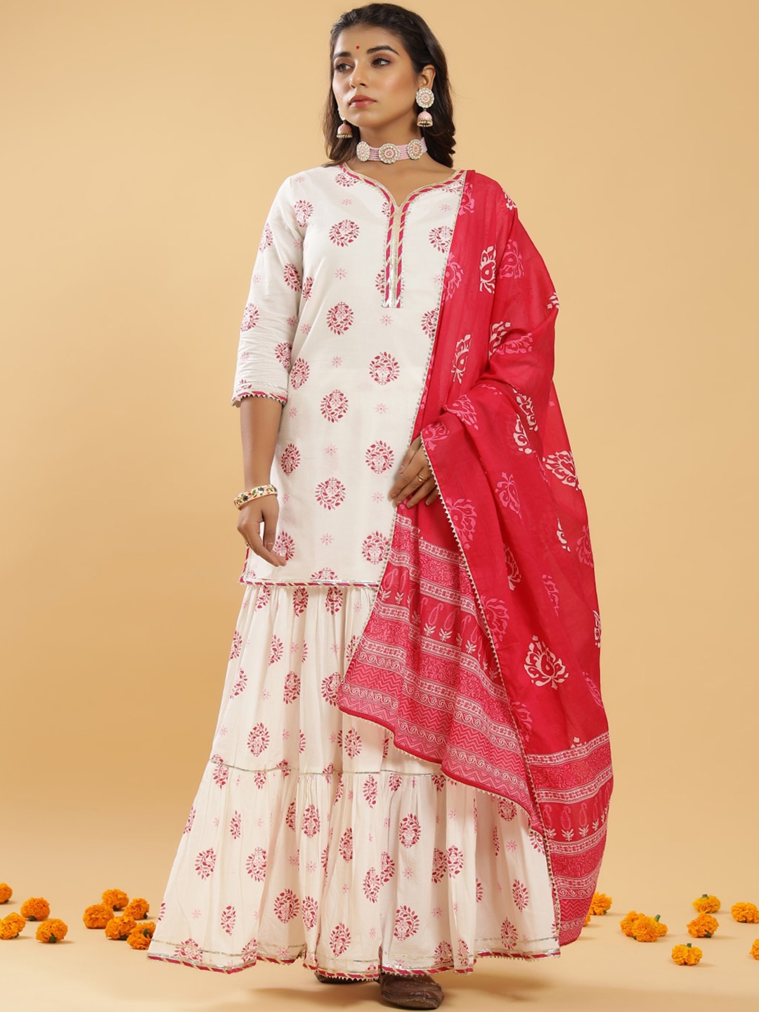 

KALINI Women White Floral Embroidered Panelled Pure Cotton Kurti with Skirt & With Dupatta