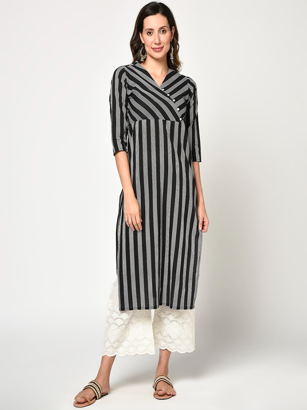 

KALINI Women Black Striped Pure Cotton Kurta with Palazzo
