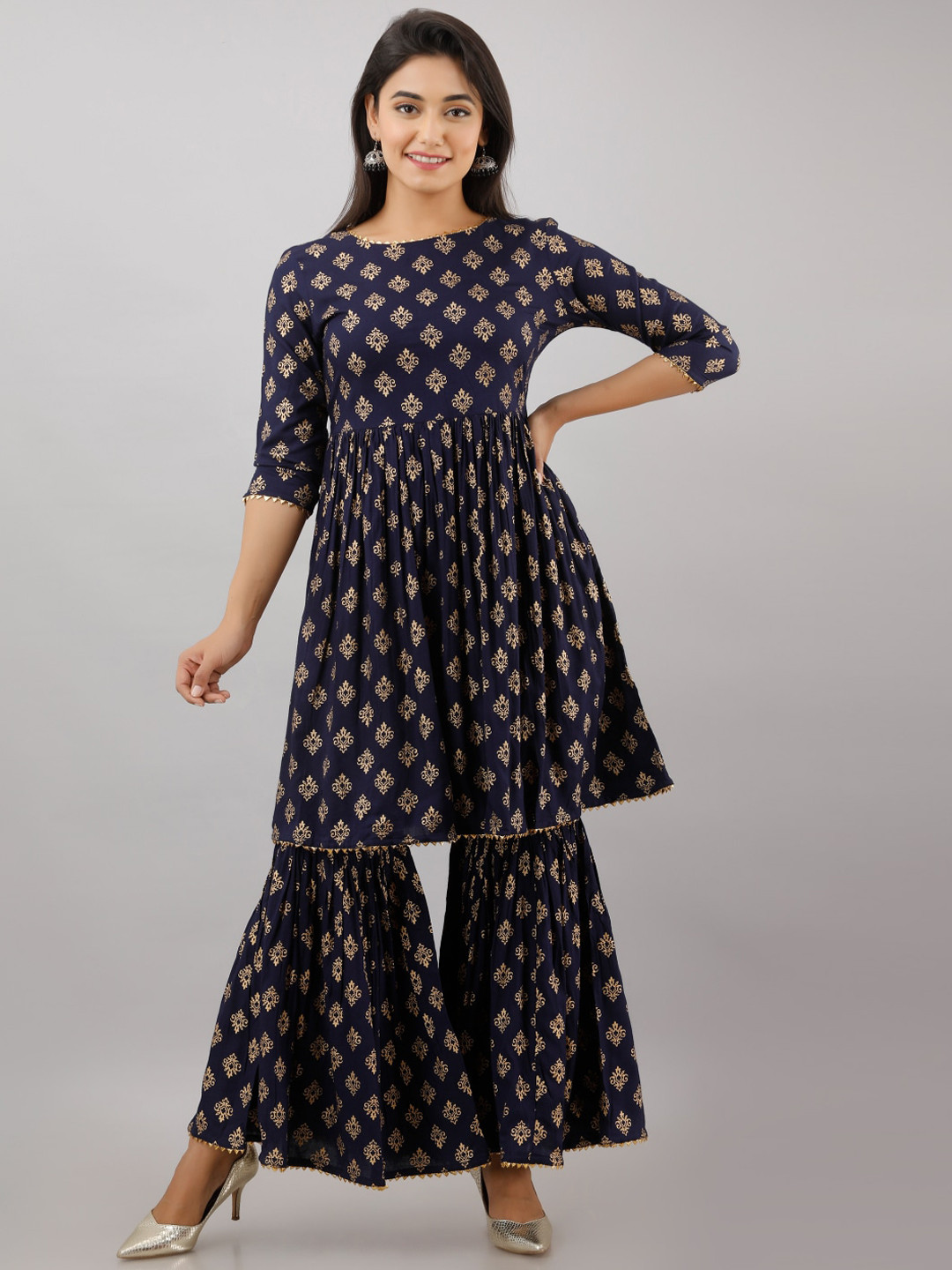 

KALINI Women Navy Blue Ethnic Motifs Printed Pleated Kurti with Sharara