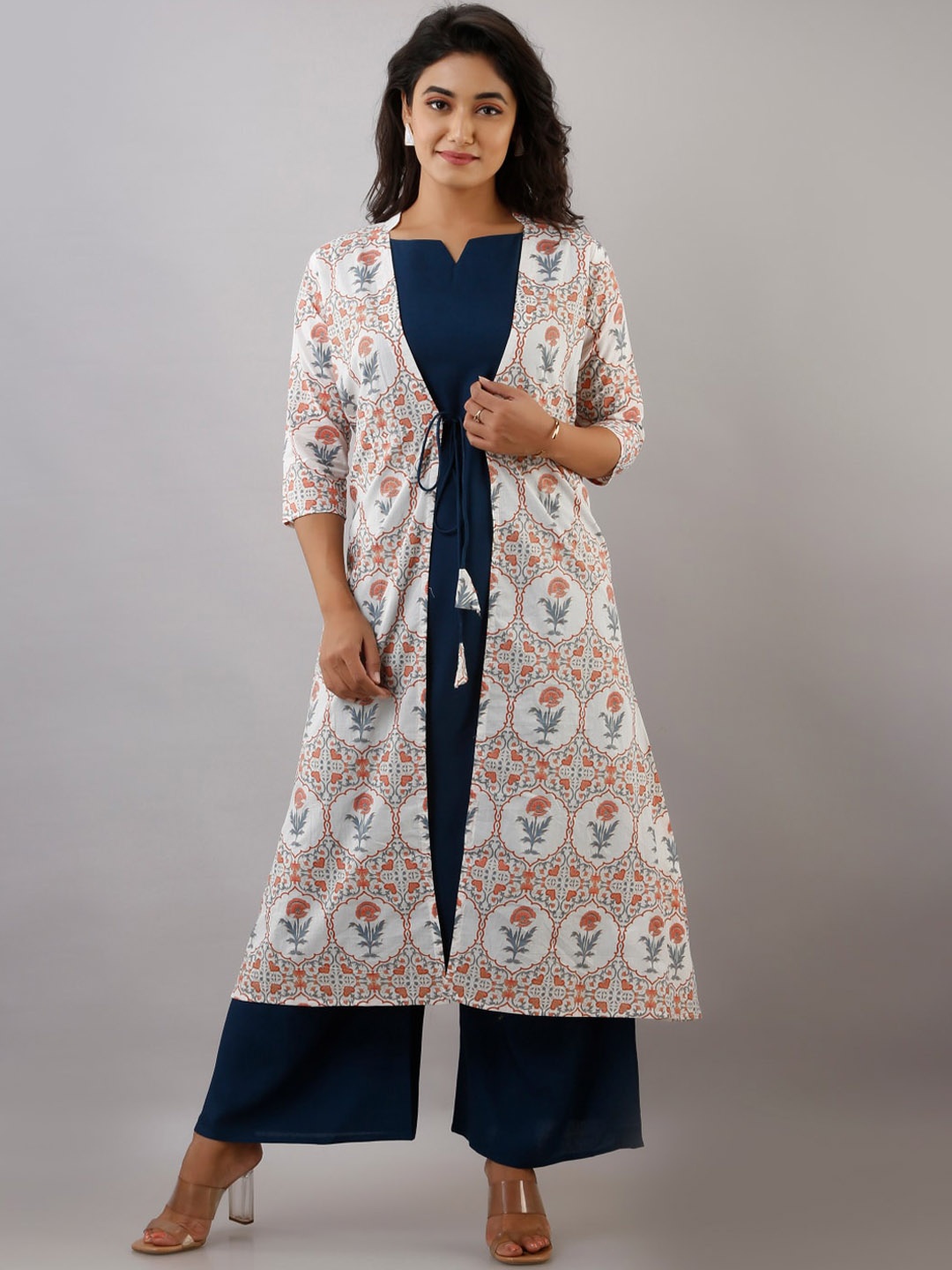 

KALINI Women Blue Floral Printed Layered Pure Cotton Kurti with Palazzos