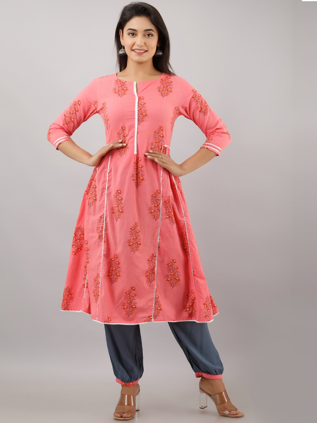 

KALINI Women Orange Floral Pleated Pure Cotton Kurti with Trousers
