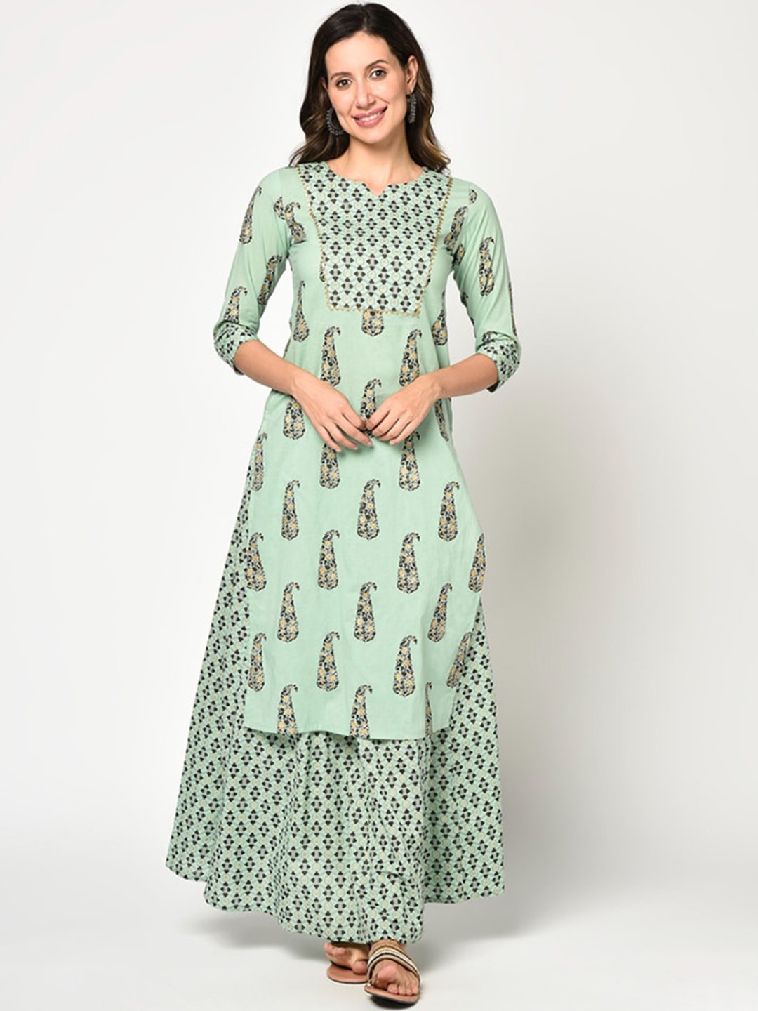 

KALINI Women Green Printed Panelled Pure Cotton Kurti with Skirt