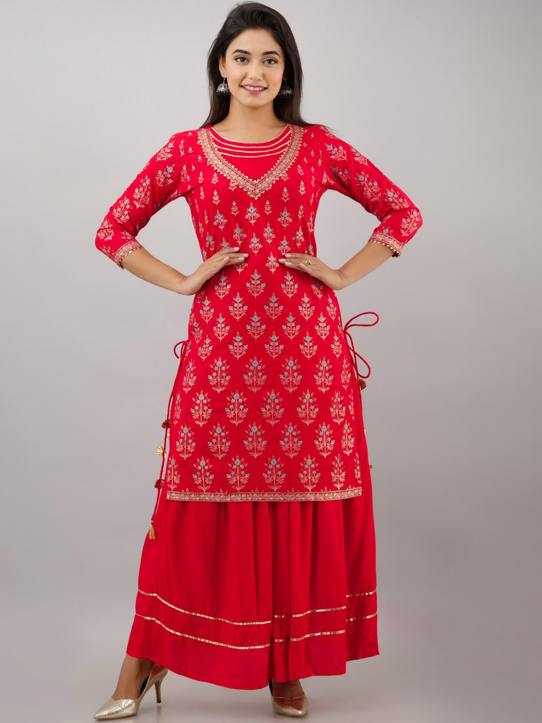 

KALINI Women Red Ethnic Motifs Empire Kurti with Skirt