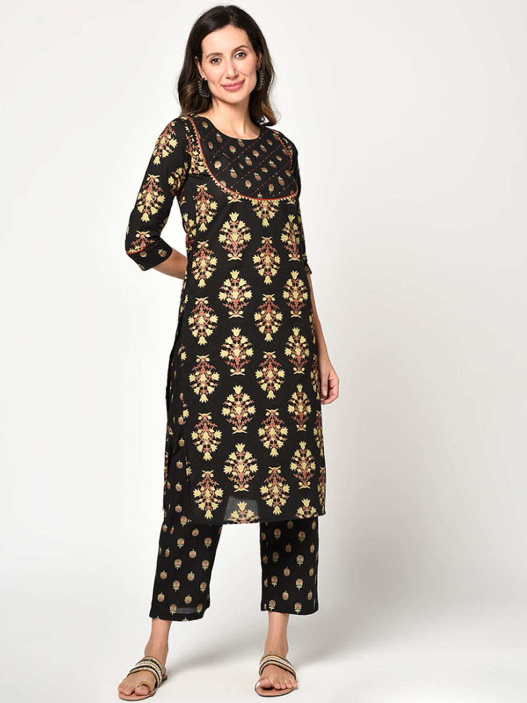 

KALINI Women Black Floral Printed Pure Cotton Kurta with Trousers