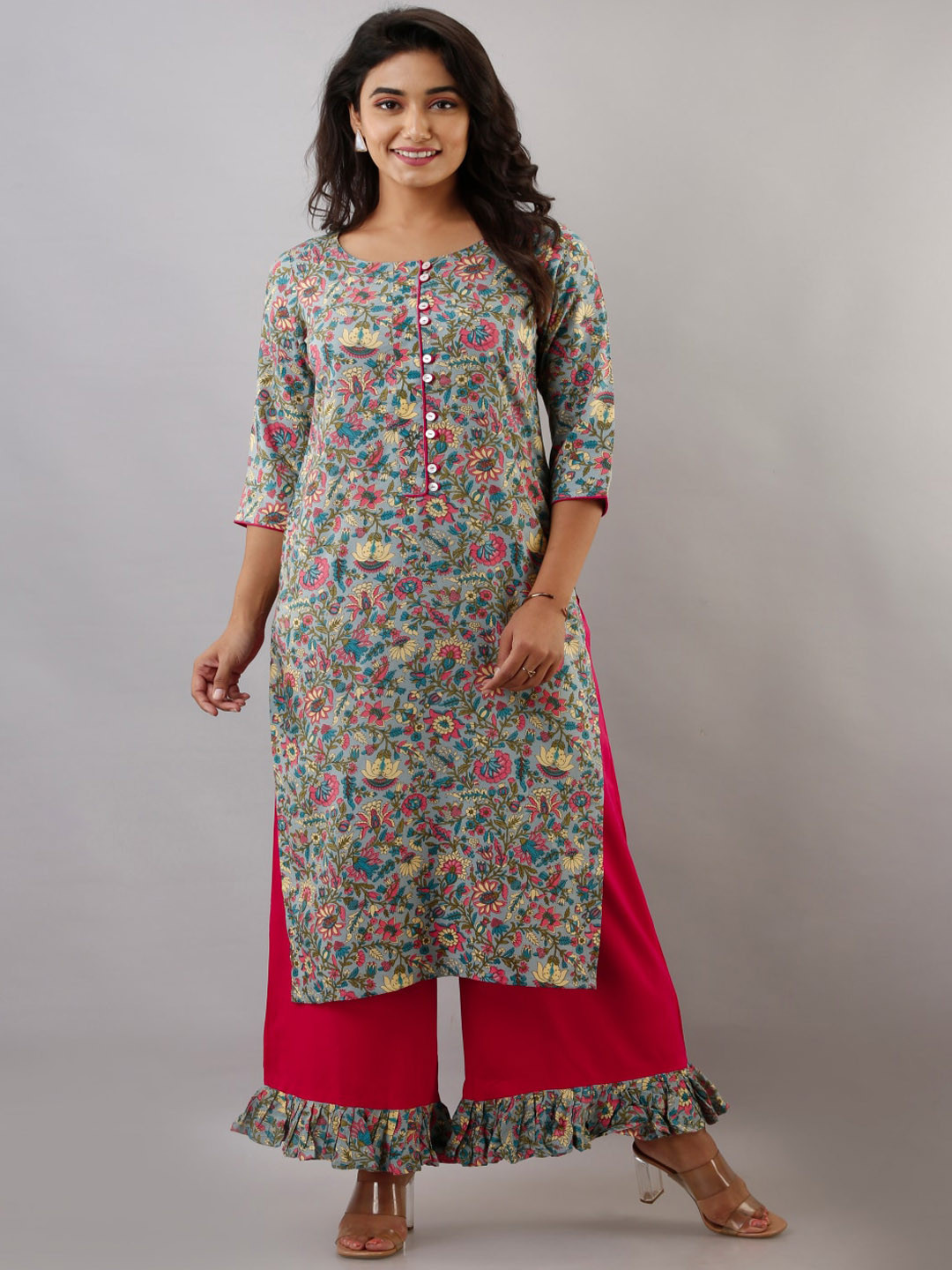 

KALINI Women Grey Floral Printed Kurti with Sharara