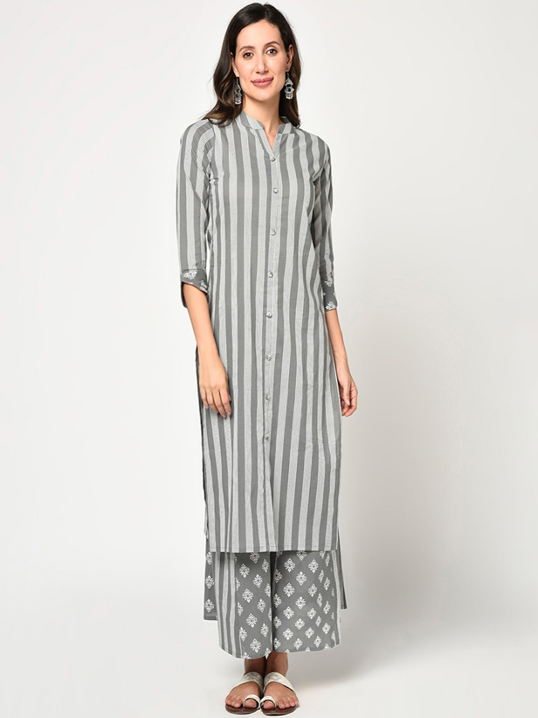 

KALINI Women Grey Striped Pure Cotton Kurta with Palazzos
