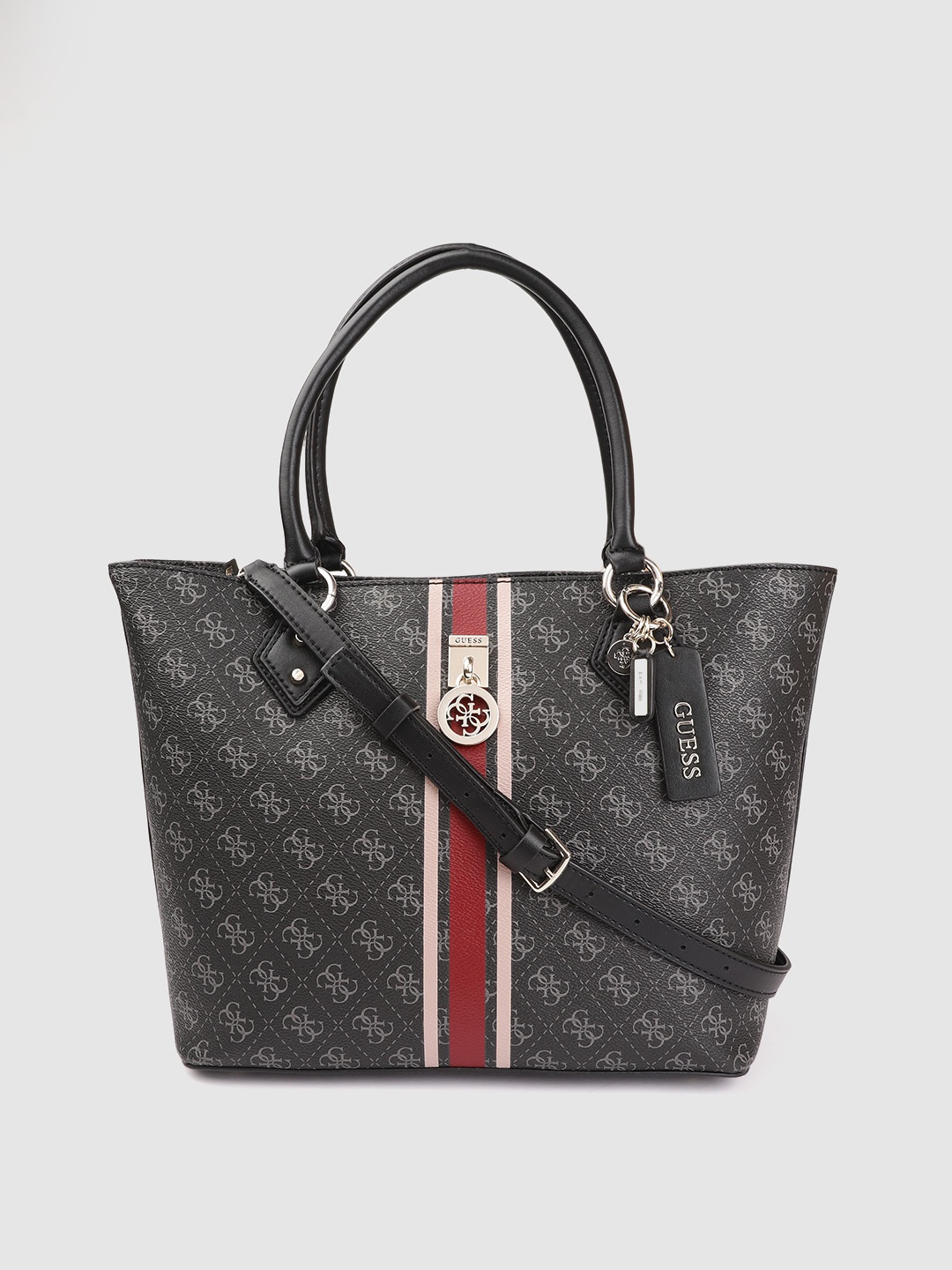 

GUESS Black & Grey Brand Logo Print Structured Handheld Bag