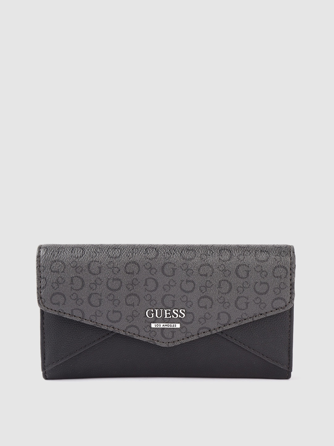 

GUESS Women Black & Charcoal Grey Typography Printed Three Fold Wallet with Wrist Loop